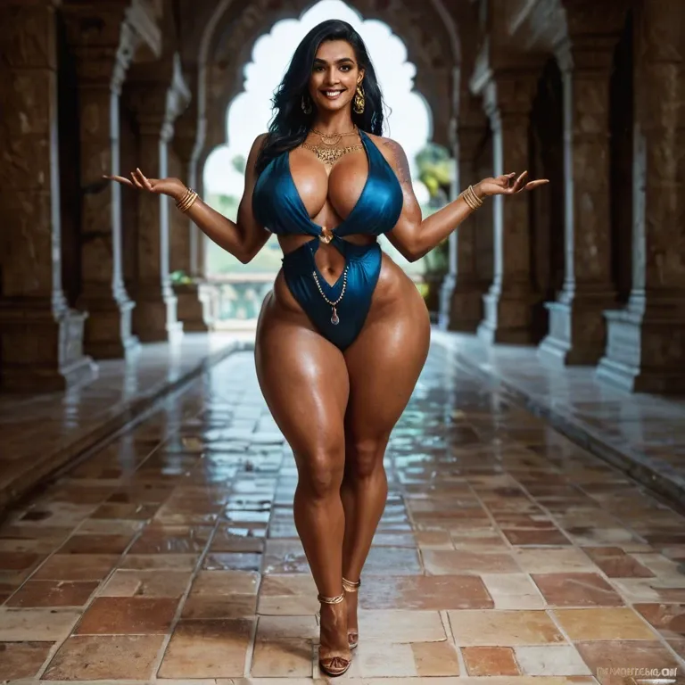 Indian milf, huge boobs, busty, beautiful face, tattoos, big ass, big hips, tall, sexy face, thick thighs, long legs, happy, darkest skin, front view, long hair, black hair, 50 year old, wearing red tribal clothes, standing on beach, full body image, front view