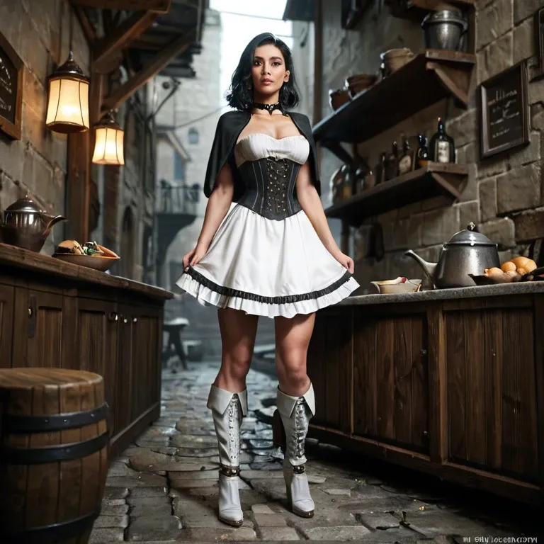 d skirt,knee-high socks,choker,gray sports brasex,white boots, maid dress,anklets,capelet,corset,knee boots, in a kitchen, dark alley, medieval tavern, in front of bed, robot joints, girl lara croft, spider-gwen, waifu