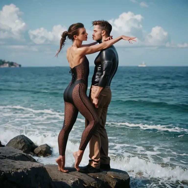 1girl,1boy, , , , cheeks,long toes,flat chest,looking back,bare shoulders, reaching back,1 leg up,round big tits,background sea,kissing neck, brown pants,laced bodysuit,fur collar,loose bra,white boots, jean hotpants,black leggings,rings,blue bra,high heels, barn, city, spaceship, phone pov, disney princess