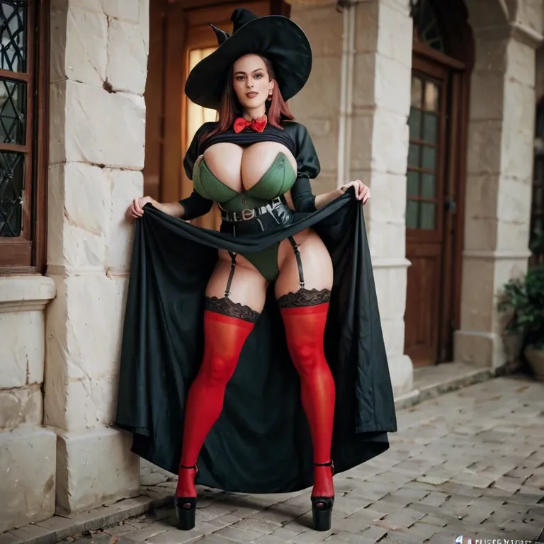 1girl,solo, , , , balls on nose,thigh gap,huge breast,large hips,knees, shirt lift,red thighhighs,red bowtie,green bodysuit,platform heels, lift skirt,black stockings,witch hat,wet bra,brown boots, sweater,leggings,circle glasses,bodysuit,platform heels, embarrassed, throne room, realistic fur, bright day, mario, jasmine