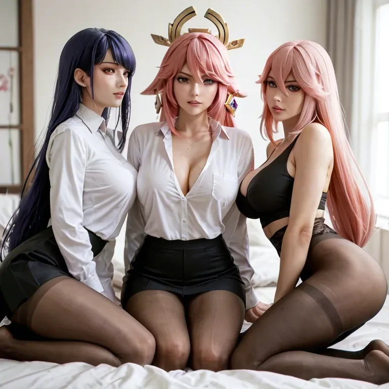 Kojou sara,raidenshogun,yae miko , pantyhose, Big boobs,3 girls