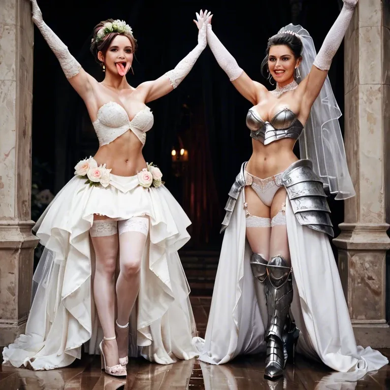 2 girls, wedding dress, striped, white stockings, tights  feet tied,  high heels, armored boots, big eyes, long tongue, armpit fetish, round big tits,  perky boobs, adorable girl, navel piercing, bare shoulder, wide shoulders, medieval prison (masterpiece), best quality, expressive eyes, perfect face