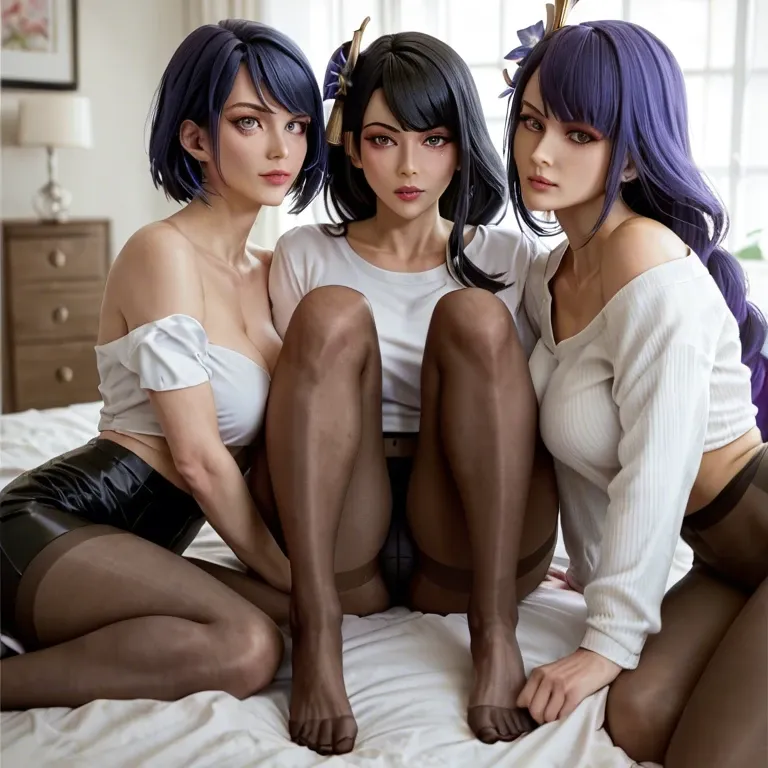 Raiden shogun, kojou sara, 3 girls , pantyhose,