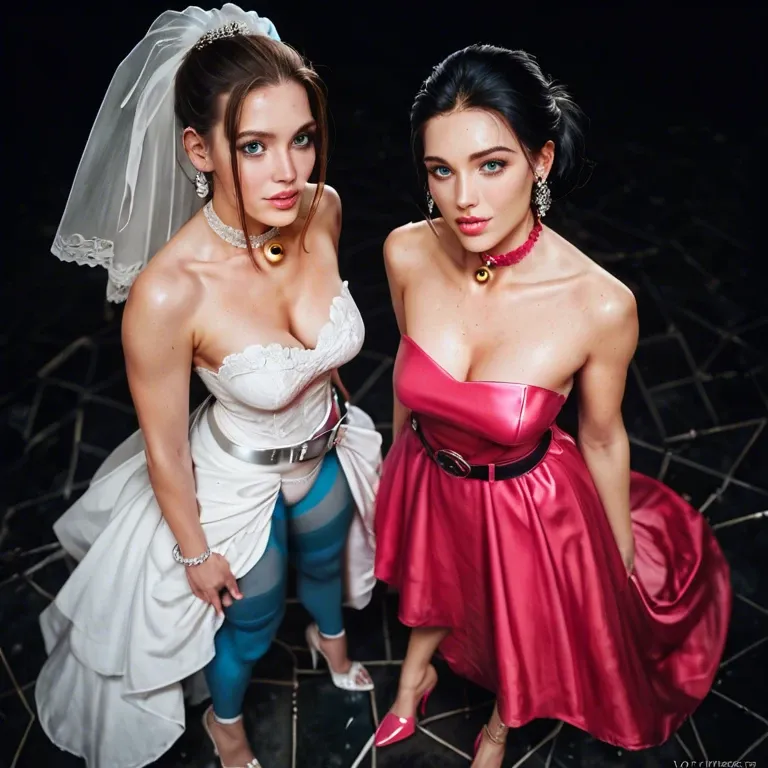 2girl, , , , aqua eyes,gushing,saggy boobs,from above,bare shoulders, pink dress,anklets,belt,panties aside,stiletto heels, wedding dress,blue stockings,bell choker,black thong,heels, bathroom stall, crowded street, castle exterior, headphones, candid camera, 2b, elsa, asuka langley