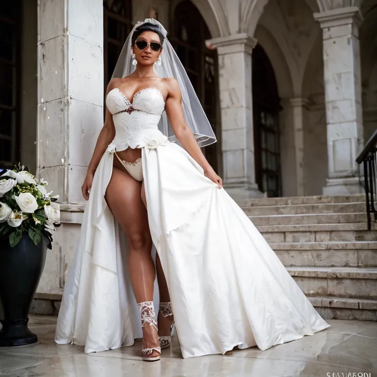 1girl,solo, , , , cheekbones,showing feet,round big tits,huge hips,black skin man, dress,knee-high socks,sunglasses,low rise thong,strappy sandals, wedding dress,white lace,crown,blue panties,boots, piledriver pose, castle exterior, mario and luigi, dynamic