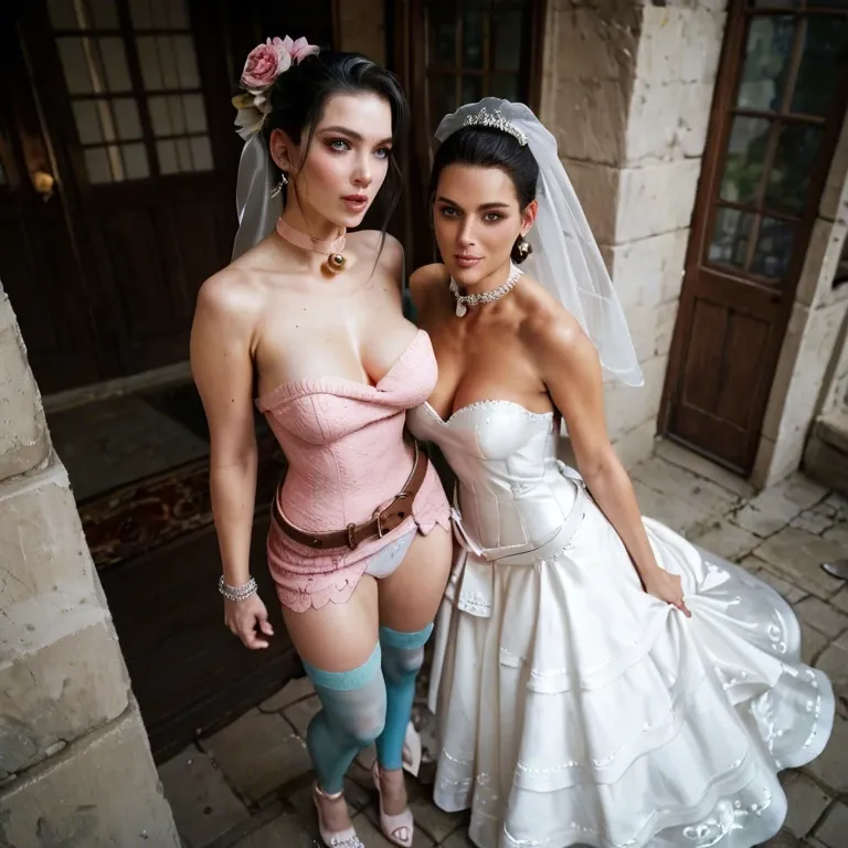 2girl, , , , aqua eyes,gushing,saggy boobs,from above,bare shoulders, pink dress,anklets,belt,panties aside,stiletto heels, wedding dress,blue stockings,bell choker,black thong,heels, bathroom stall, crowded street, castle exterior, headphones, candid camera, 2b, elsa, asuka langley