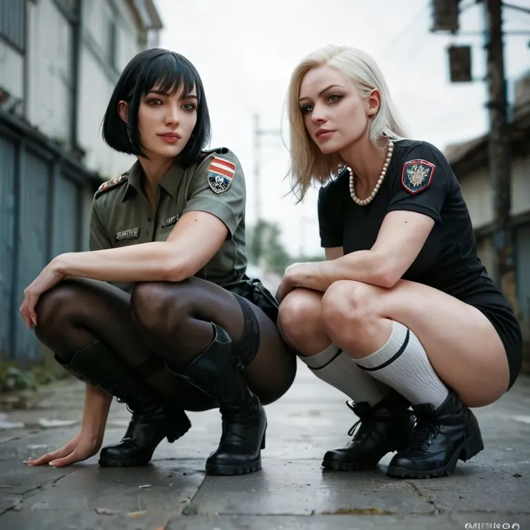 2girl, , , , crouching,white legwear,big boobs,aberration,skin detail, army uniform,knee socks,pearl necklace,black bodysuit,knee boots, gray t-shirt,black leggings,black belt,highleg leotard,thigh boots, white t-shirt,leg warmers,hoop earrings,hand on panties,stiletto heels, bathroom stall, restrained, anime style, nightclub, spider-gwen, ariel waifu