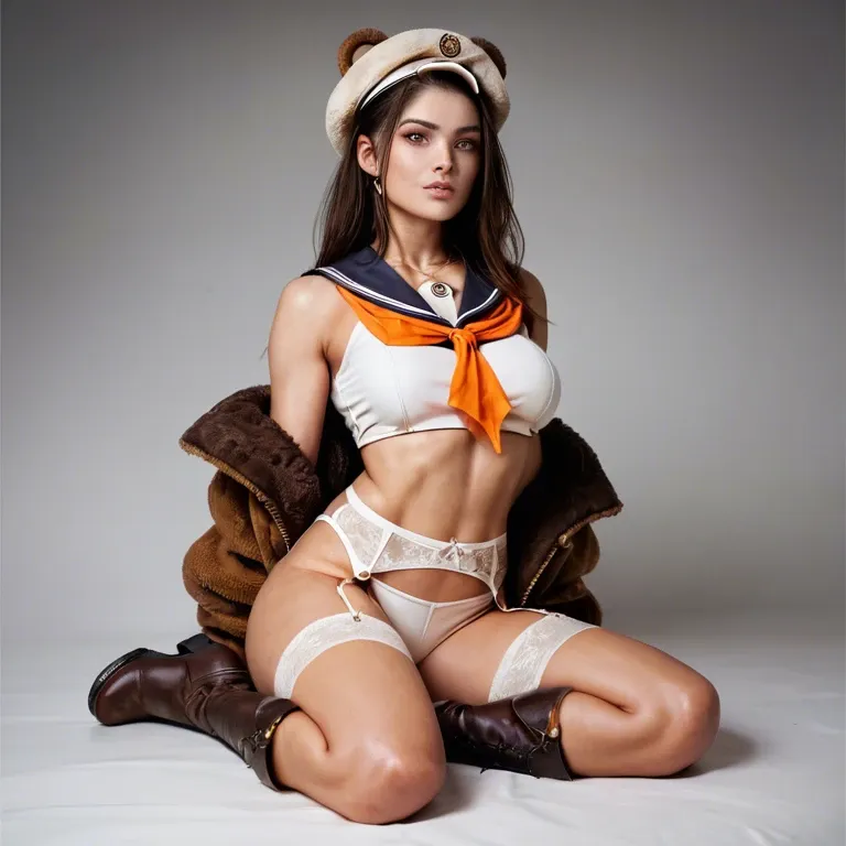 1girl,solo, , , , orange eyes,trained thighs,medium breasts,flat tummy,golden necklace, bear costume,knee socks,garter belt,string bodysuit,brown boots, white crop top,tights,sailor hat,latex corset,ballet shoes, bathtub, city, cyberpunk, laying on bench, on a fur bed, 2b, dynamic