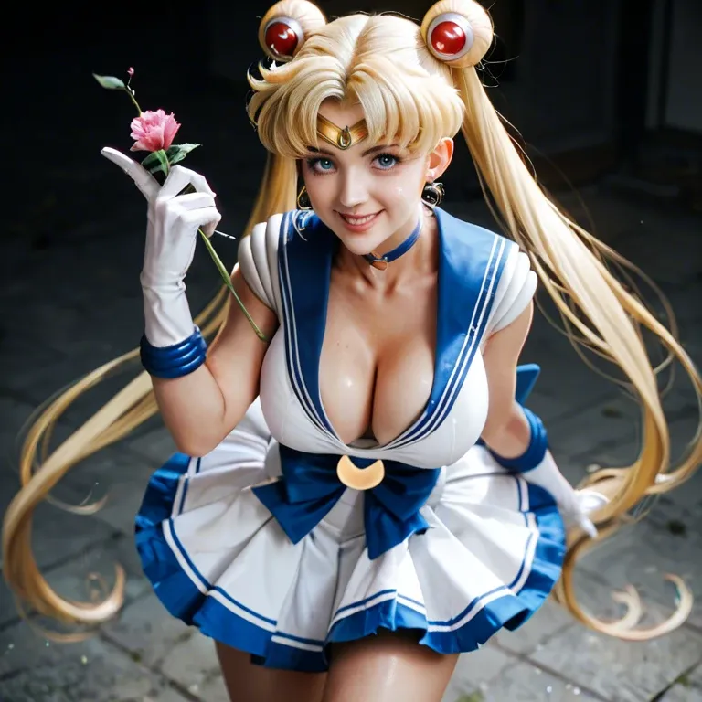 tsukino usagi, sailor moon, 1girl, solo, long hair, breasts, looking at viewer, smile, bangs, blue eyes, skirt, blonde hair, large breasts, hair ornament, gloves, navel, holding, cleavage, twintails, jewelry, very long hair, closed mouth, underwear, standing, panties, heart, thighs, cowboy shot, pleated skirt, earrings, sky, choker, elbow gloves, midriff, white gloves, miniskirt, sailor collar, stomach, hair bun, white panties, red bow, lips, mini blue skirt, crop top, double bun, cameltoe, garter straps, pantyshot, magical girl, blue sailor collar, crescent, breast hold, circlet, wand, red choker, arm under breasts, crescent moon, sailor senshi uniform, holding wand, heart choker, crescent earrings