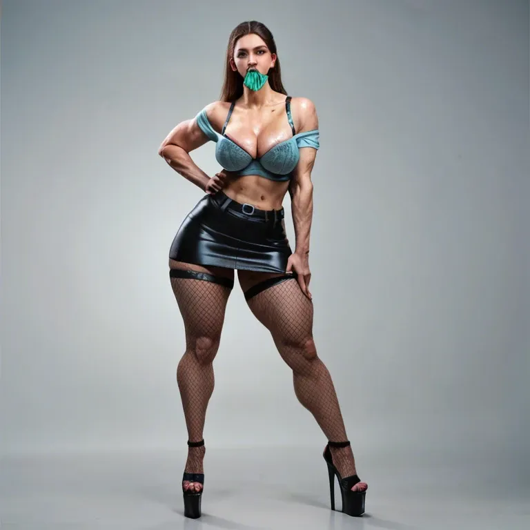 1girl,solo, , , , strong jaw,cellulite arms,perky breast,tits grab,bare shoulder, shirt in mouth,fishnet,suspender belt,pull wet bra,platform heels, underskirt,leggings,racing gloves,wet bra,boots, long dress,baggy socks,wool hat,loose bra,sandals, club setting, spaceship, detailed lips, dark makeup