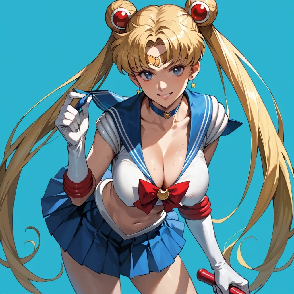 tsukino usagi, sailor moon, 1girl, solo, long hair, breasts, looking at viewer, smile, bangs, blue eyes, skirt, blonde hair, large breasts, hair ornament, gloves, navel, holding, cleavage, twintails, jewelry, very long hair, closed mouth, underwear, standing, panties, heart, thighs, cowboy shot, pleated skirt, earrings, sky, choker, elbow gloves, midriff, white gloves, miniskirt, sailor collar, stomach, hair bun, white panties, red bow, lips, mini blue skirt, crop top, double bun, cameltoe, garter straps, pantyshot, magical girl, blue sailor collar, crescent, breast hold, circlet, wand, red choker, arm under breasts, crescent moon, sailor senshi uniform, holding wand, heart choker, crescent earrings