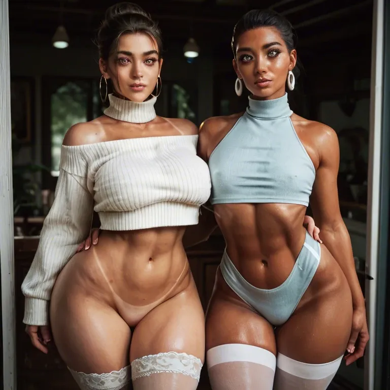 2girl, , , , kaa eyes,two-footed,large breasts,big hips,tan line, heart pupils,warm light,flat chest,arched back,bare shoulders, white sweater,thighhighs,dangly earrings,pink panties,boots, glittery dress,gold anklets,black gloves,pink leotard,heels, costume,pantyhose,latex gloves,pink leotard,high heels, nightclub, parking, throne room, rope, highly detailed, bright eyes, princess peach, spider-gwen, ariel waifu