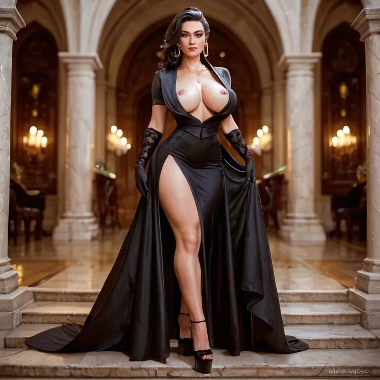 1girl,solo, , , , bewitching,elegant,large breasts,bent at waist,golden necklace, robe,black leggings,long gloves,no bra,platform heels, formal shirt,lacey,dangly earrings,green bodysuit,high heels, sit on a couch, at the beach, cyberpunk, vibrator, rich detailed, dark ambience, mario