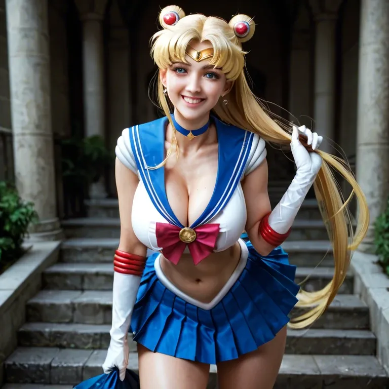 tsukino usagi, sailor moon, 1girl, solo, long hair, breasts, looking at viewer, smile, bangs, blue eyes, skirt, blonde hair, large breasts, hair ornament, gloves, navel, holding, cleavage, twintails, jewelry, very long hair, closed mouth, underwear, standing, panties, heart, thighs, cowboy shot, pleated skirt, earrings, sky, choker, elbow gloves, midriff, white gloves, miniskirt, sailor collar, stomach, hair bun, white panties, red bow, lips, mini blue skirt, crop top, double bun, cameltoe, garter straps, pantyshot, magical girl, blue sailor collar, crescent, breast hold, circlet, wand, red choker, arm under breasts, crescent moon, sailor senshi uniform, holding wand, heart choker, crescent earrings