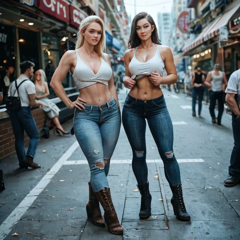 2girl, , , , cheeks,monster hands,round tits,arching back,white tank top, tight jeans,lace tights,strings,bikini top lift,boots, club setting, crowded street, spaceship, phone, facing camera, anime artwork, dark skin man, lara croft, spider-gwen, dynamic angle