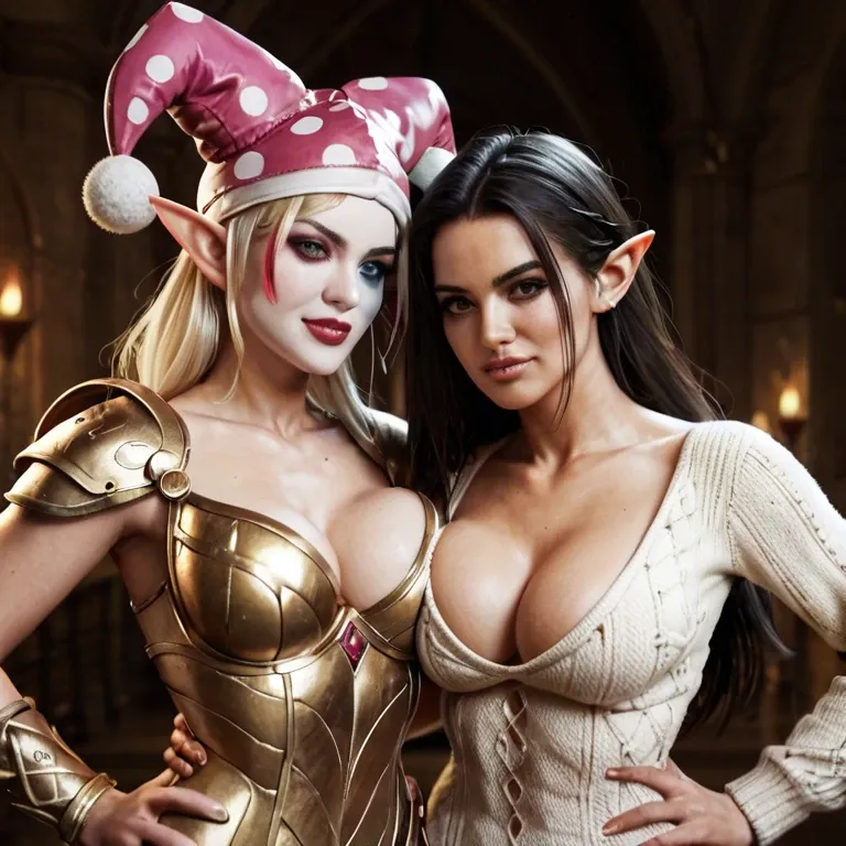 2girl, , , , high cheekbones,hands on hips,firm breasts,breast press,collarbone, cute nose,gold armor,perky breast,hip thrusts,collarbone, sweater,elf palace,jester cap,sports bra,shoes, lift dress up,black stockings,bridal veil,crotchless,sneakers, tight tank top,lace,white veil,torn bodysuit,black boots, bathtub, public park, cyberpunk, realistic, dark ambience, princess peach, rapunzel