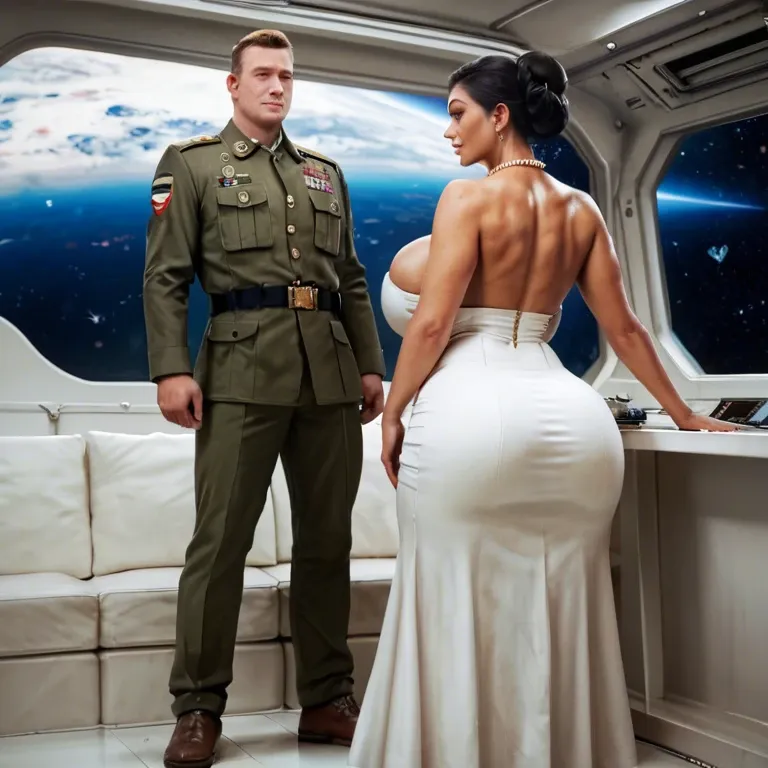 1girl,1boy, , , , cheekbones,tippy toes,huge breasts,backboob,bare shoulder, eyes,in army uniform,large breast,space ship,heart necklace, white skirt,golden necklace,beaded jewelry,one-piece,stiletto heels, baroque, lying on beach, cyberpunk, hands on table, anime, dark alley, tifa lockhart, spider-gwen, rapunzel waifu