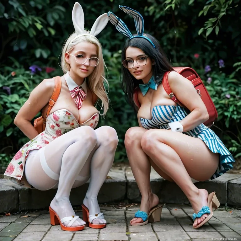 2girl, , , , rosy cheeks,monster feet,large boob slip,backpack,knees apart, bunny costume,white pantyhose,panties aside,wet panties,strappy sandals, floral dress,striped clothes,circle glasses,black panties,heels, bathtub, restrained, medieval, zelda, waifu