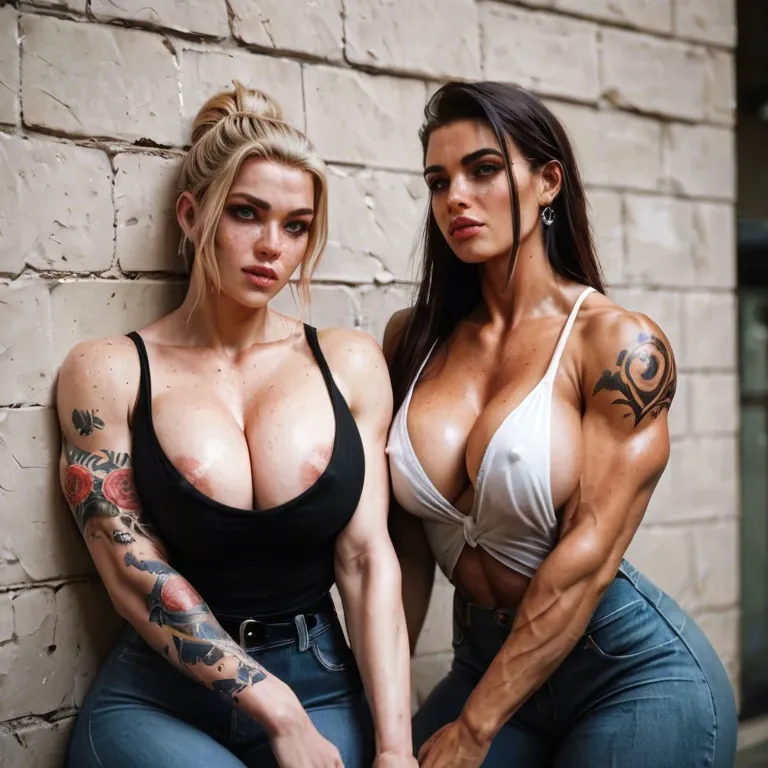 2girl, , , , full lips,arms tattooed,areolae slip,very wide hips,shoulder, heavy freckles,large biceps,firm breasts,wide hip,knees, freckles,hands on wall,medium boobs,big breast,stand, wet shirt,gold stockings,glasses,wet panties,stiletto heels, black skirt,black pantyhose,tennis cap,lingerie,sandals, office boy, street fighter, source anime, bright lighting, zelda, wonder woman, ariel waifu