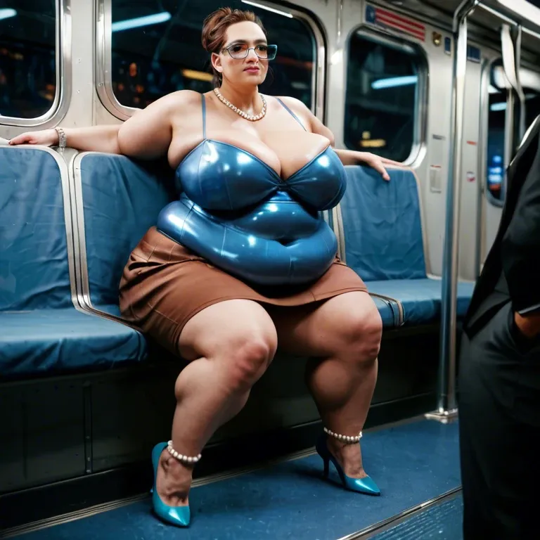 1girl,solo, , , , dilated pupils,fat obese arms,hard nipple,worship,pearl necklace, brown skirt,anklets,glasses,blue bodysuit,ballet shoes, bedroom, crowded train, cyberpunk, computers, linked, spider-gwen, waifu