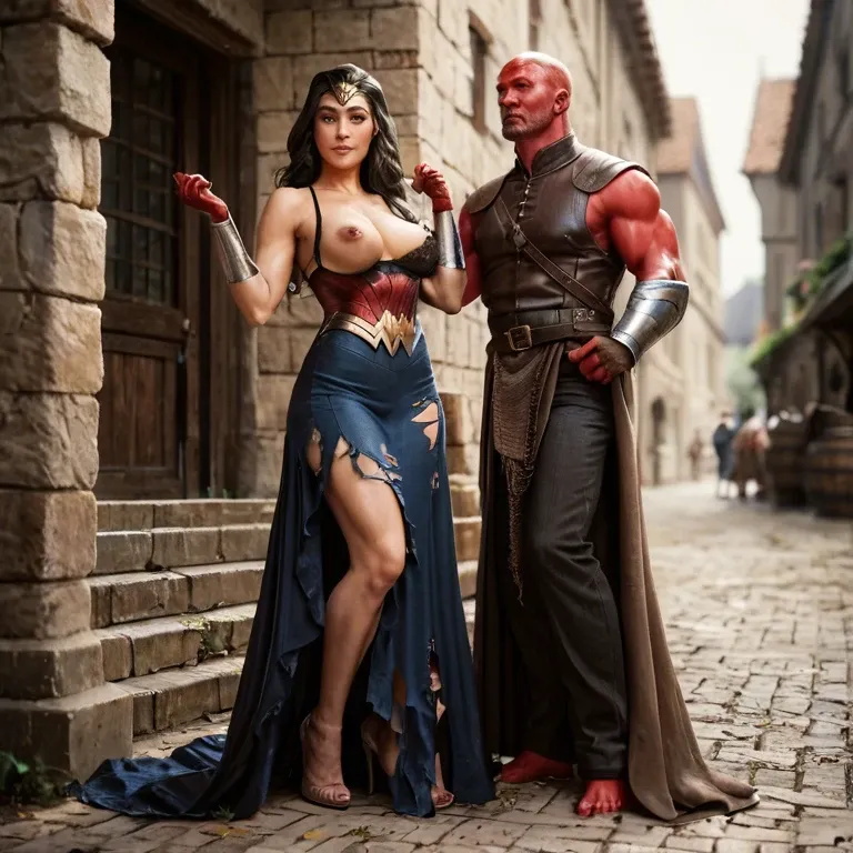 1girl,1boy, , , , nipple slip,armpit,nipple peak,backward,red skin, long dress,torn pantyhose,gloves,black lace bra,heels, barefoot, trained, medieval dress, wonder woman