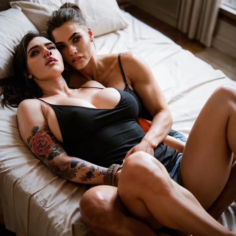 2girl, , , , strong jaw,bound legs,big perky boobs,laying on back,fat neck, nose ring,camisole,round breasts,boob grab,wide shoulders, facial freckles,tattooed arms,firm breasts,petite breasts,tan line, red sweater,leg warmers,long gloves,bra lift,sneakers, sweatshirt,socks,long gloves,gray sports bra,white sneakers, pants pull,striped,scarf,black thong,stiletto heels, school bathroom, fantasy forest, spaceship, lying on a bed, 2 boys, ariel, dynamics