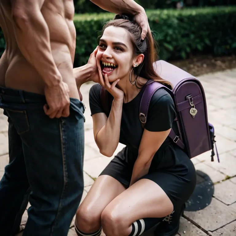 1girl,1boy, , , , sharp teeth,on her knees,perky big tits,narrow hips,elbows, nose,hand on face,saggy boobs,purple backpack,knee-highs, black dress,anklets,legs tied,corset,strappy sandals, blue shirt,lace trim,belts,cotton panties,platform heels, pencil skirt,lace lingerie,maid hat,low rise thong,strappy sandals, office boy, waterfall, tifa lockhart, spider-gwen, waifu