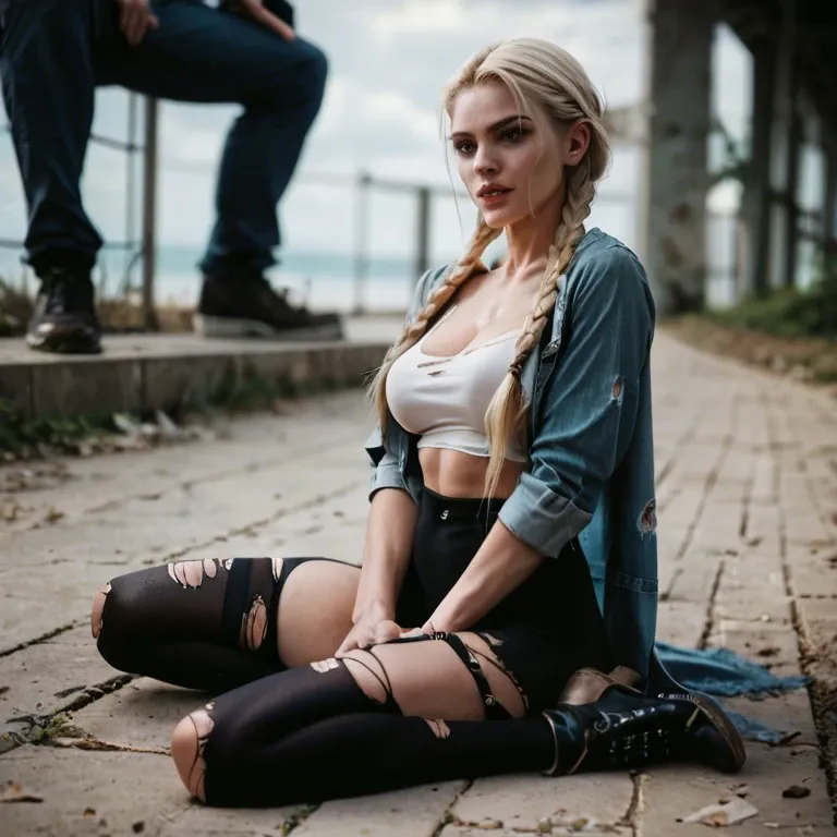 a blonde Russian girl, with braids in her hair, all cumshot and with her clothes torn, a full body photo