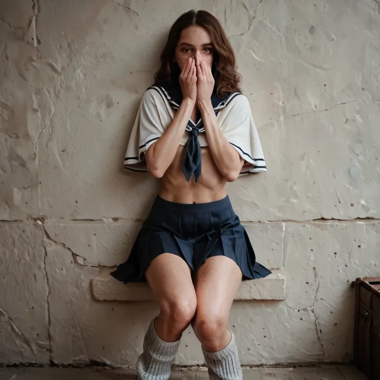 1girl,solo, , , , covered mouth,hand on wall,flat chest,cozy background,knees, freckle,big hands,saggy breast,back pov,kneepits, school uniform,leg warmers,capelet,pull wet bra,black boots, shirt torn off,anchor necklace,white gloves,panties,heels, green shirt,lace trim,capelet,pink panties,gothic boots, barren, in the river, dungeon, ball gag, 2 boys, wonder woman, ariel waifu