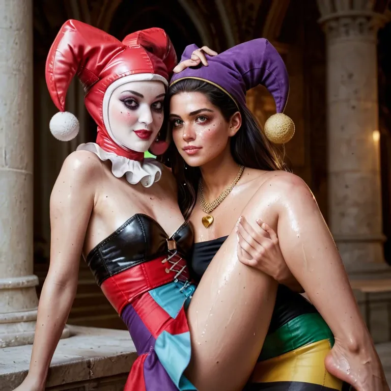 2girl, , , , freckled face,thin ankles,flat chest,microwaist,bare shoulders, lustful eyes,blushing skin,firm breasts,leg grab,heart necklace, striped skirt,palace,jester cap,wet panties,running shoes, plaid skirt,black stockings,suspenders,panties visible,stiletto heels, bare navel, cyberpunk, cyborg, anime, dark light, zelda, anna and elsa, ayanami