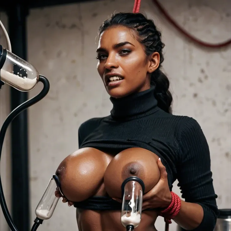 1girl,solo, , , , large nose,two-handed,perky nipples,waist,dark skin man, milking machine,bound arms,areola slip,grab breasts,turtleneck, black teeth,hands tied,huge boobs,belly grab,on the knees, dark green gown,white socks,bridal veil,pull wet bra,shoes, bare ass, sparkle, spaceship, android, bondage outfit, painted, dimmed lights, princess zelda, dynamic