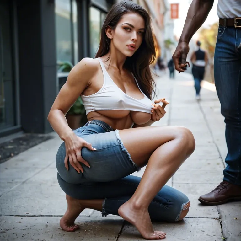 1girl,solo, , , , areola slip,barefoot,nipple tweak,grabbing,tight tank top, amber eyes,hand on own ass,sucking nipple,narrow waist,dark skin male, jeans,knee socks,detached collar,undersized bra,stiletto heels, white t-shirt,glaceon,nipple rings,green bodysuit,high heels, bedroom eyes, piledriver pose, cyberpunk, close camera, robot joints, princess zelda, spider-gwen, mari makinami