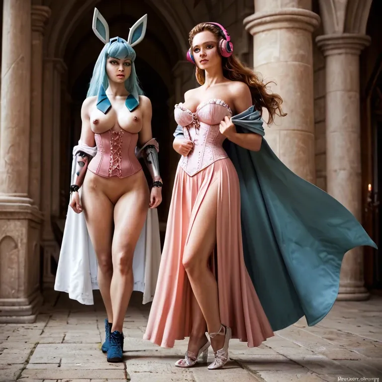 2girl, , , , light freckles,toe,swollen nipple,very slim waist,bare shoulder, undressing,glaceon,cape,pink corset,running shoes, palace bedroom, blake, medieval, headphones, cyborg girl, rapunzel waifu