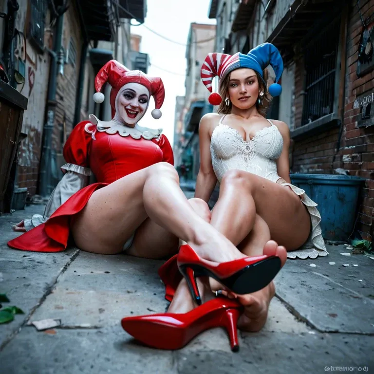 2girl, , , , heavy freckles,foot focus,perky boobs,thick hips,on elbows, red dress,lace trim,jester cap,white swimsuit,stiletto heels, gamer bedroom, alley, medieval dress, spider-gwen, nami