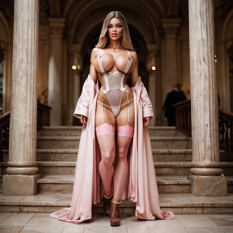 1girl,solo, , , , big bimbo lips,slim legs,sucking nipple,clenched waist,gold on skin, crossdressing,pink stockings,suspenders,white lingerie,brown boots, robe,anklets,opaque glasses,no bra,platform heels, gamer bedroom, sparkle, castle, book shelf, hyper-realistic, bright-lit room, zelda, miku