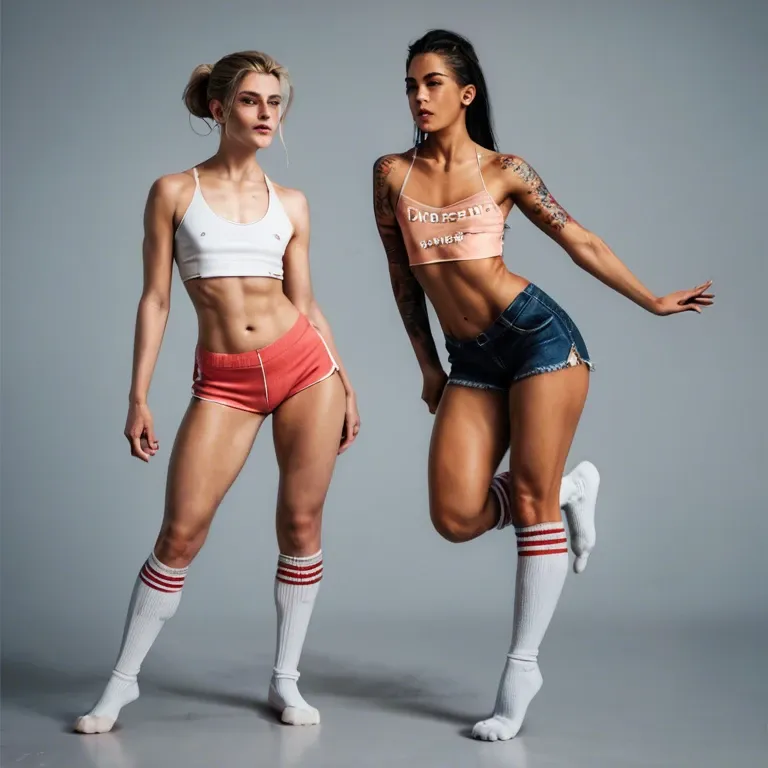 2girl, , , , twitching,1 girl leg up,saggy breast,cozy background,shoulder tattoo, cheekbones,4 toes,perky tits,flat chest,knee-high socks, crop top,laces,metal rings,panties on,running shoes, blue jacket,gold anklets,black belt,lace panties,black sneakers, school bathroom, on the street, cyberpunk, girl lara croft, jasmine, makinami