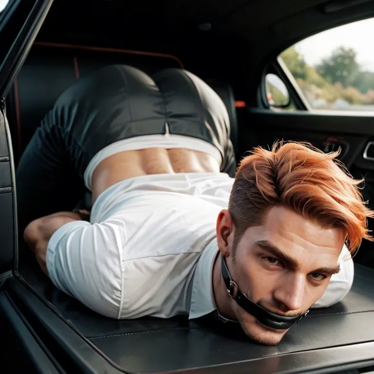 Gay man tied up, thin body, ginger hair, Hands behind back, Gagged, Car trunk , wearing white shirt with dark pants , ass up