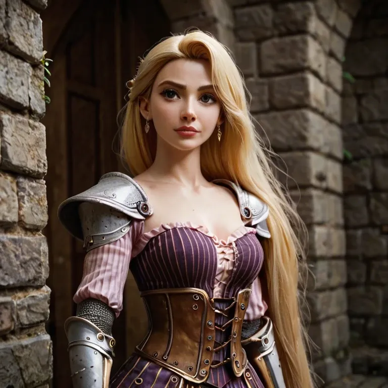 medieval theme, cyborg girl, anime style, golden hour, zelda, rapunzel waifu