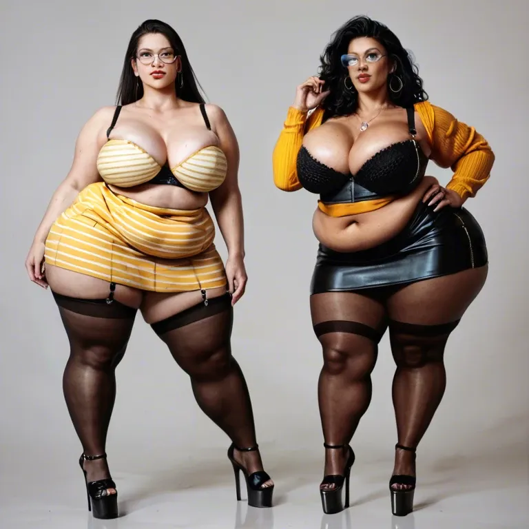 2girl, , , , thick full lips,fat obese arms,perky big tits,absurdres,perfect skin, black leggings,striped clothes,opaque glasses,mini skirt bra,platform heels, yellow dress,black fishnet,hands tied,frilled bikini,sneakers, male restrained, medieval tavern, glowing dildo, realistic, bright light, linked, wonder woman, heart dynamics