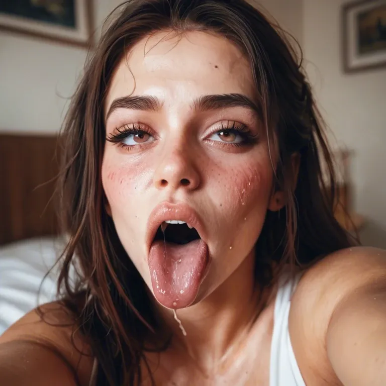 A teenager taking a messy face selfie ahegao young faded eyes red blush cock in mouth