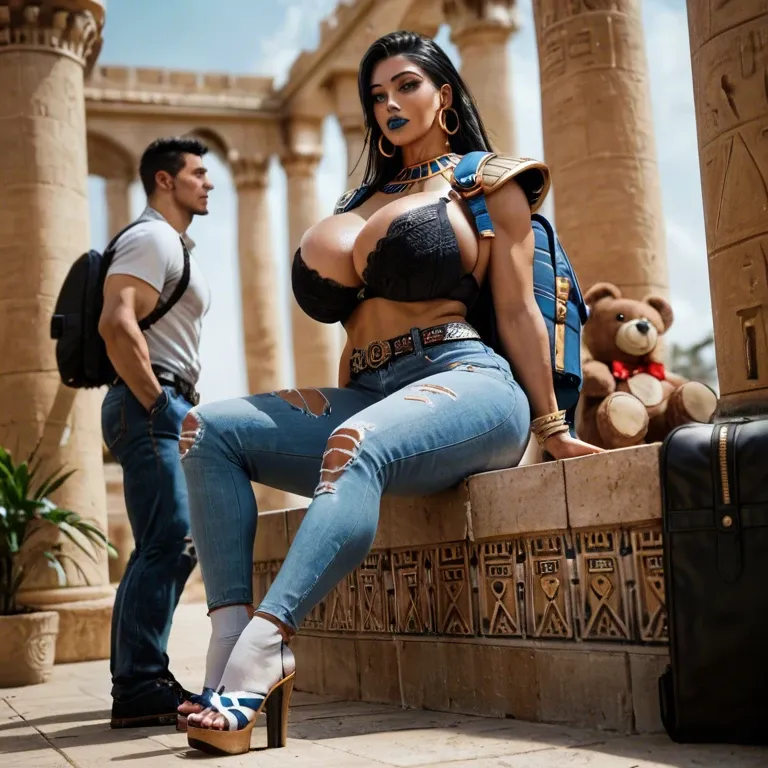 1girl,1boy, , , , blue lipstick,showing feet,huge breasts,backpack,shoulder pads, jeans,egyptian palace,hoop earrings,black bra,sandals, ripped pants,white socks,belt,teddy,platform heels, maid dress,socks,feet tied,white bra,strappy sandals, sit on a couch, at the beach, throne room, linked collars