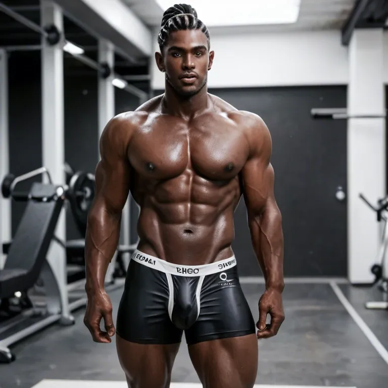 black man, African man, black muscled man, large cock, fitness model, wearing g-string, athletic underwear, bulge