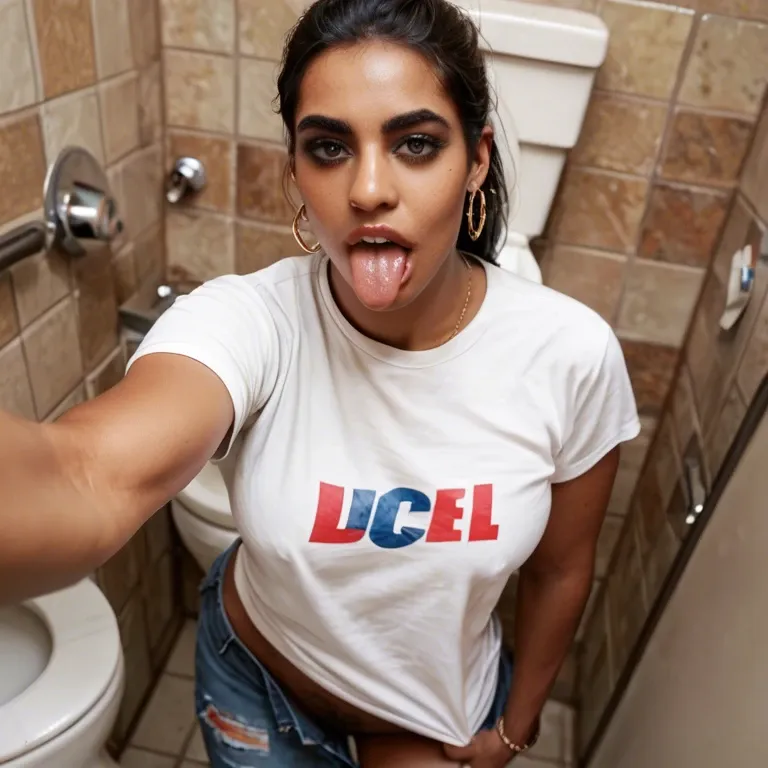 Indian, teen, toilet cubicle, pants halfway down, standing , mobile selfie from above, tongue out, pubic hair, t-shirt pulled up showing boobs