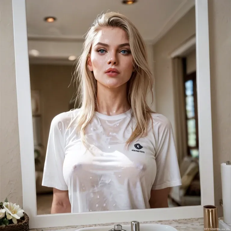 Blonde, the perspective of a photo in the mirror, light blue eyes, medium-long straight hair, fourteen years old, wearing a wet white t-shirt allowing her tits to be clearly seen.