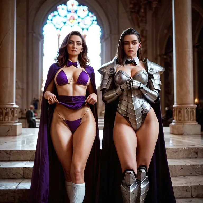 2girl, , , , perfect nose,sexy thighs,perky boobs,men background,robot joints, purple dress,white socks,bowtie,bikini top lift,armored boots, collared shirt,palace,cape,crotchless,gothic boots, orange sundress,white pantyhose,round glasses,laced bodysuit,platform heels, bathroom stall, spaceship, ultra detailed, nightgown, super mario