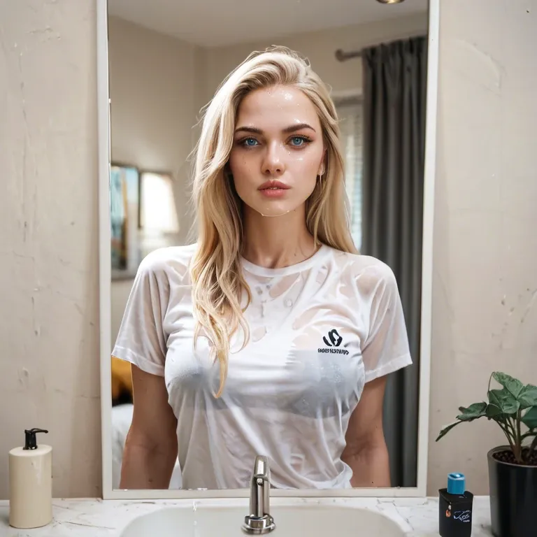 Blonde, the perspective of a photo in the mirror, light blue eyes, medium-long straight hair, eighteen years old, wearing a wet white t-shirt