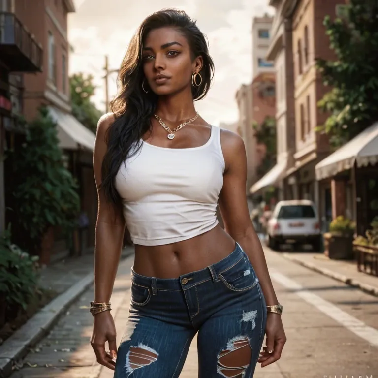 1girl, solo, jeans, jewelry, denim, pants, torn_pants, torn_jeans, black_hair, necklace, realistic, outdoors, midriff, earrings, dark_skin, dark-skinned_female, torn_clothes, long_hair, day, crop_top, railing, blurry_background, sky, brown_eyes, against_railing, tank_top, blurry, sleeveless