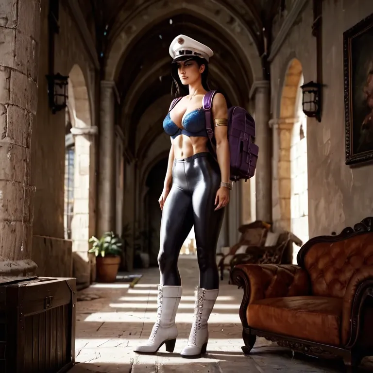 1girl,1boy, , , , orange eyes,armlets,medium tits,purple backpack,broad shoulders, army uniform,tights,military hat,blue bra,white boots, living room, alleyway, castle, royal bedroom, detailed skins, brightly lit, anna hair, hinata hyuuga