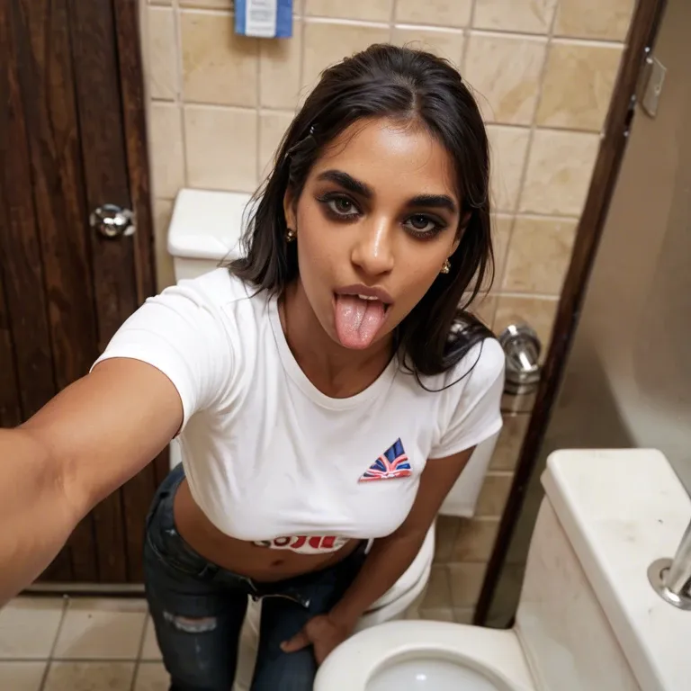 Indian, teen, toilet cubicle, pants halfway down, standing , mobile selfie from above, tongue out, pubic hair, t-shirt pulled up showing boobs