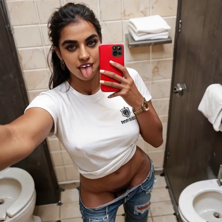 Indian, teen, toilet cubicle, pants halfway down, standing , mobile selfie from above, tongue out, pubic hair, t-shirt pulled up showing boobs